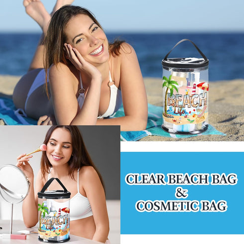 Sanwuta Beach Theme Clear Lotion Toiletry Bag, Travel Makeup Case, Waterproof PVC Cosmetic Bag with Handle, Zipper