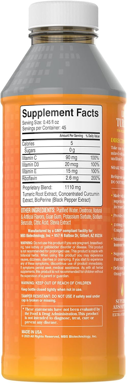 1100mg Liquid Turmeric Curcumin with Black Pepper Bioperine. 20oz Bottle. Superior Absorption for Joint Support. 45 Servings. Vitamins C, D3, E, and Riboflavin B2.