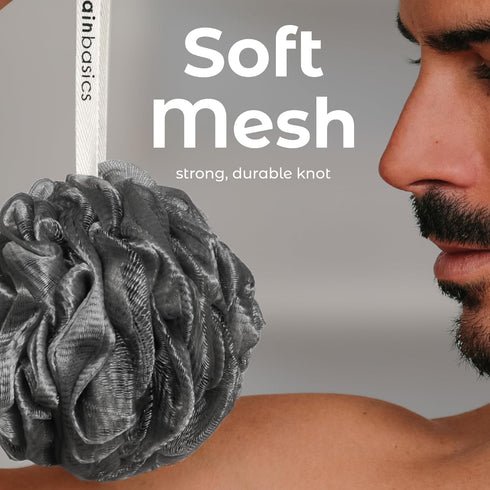 MainBasics Charcoal Infused Bath Shower Loofah Sponge Pouf Body Wash Scrubber - Set of 3