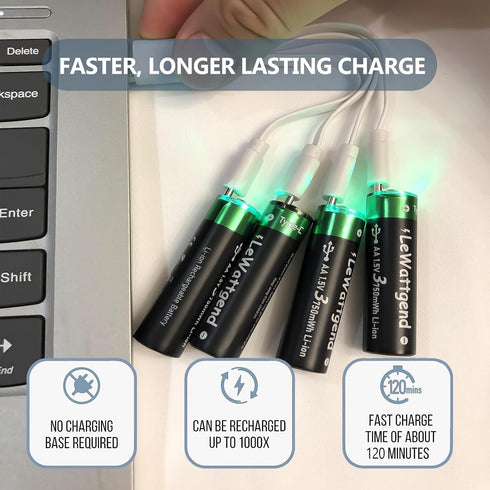 1.5V Rechargeable AA Lithium Batteries, 3750mWh Long Lasting with 4-in-1 USB-C Cable Output, 4 Pack