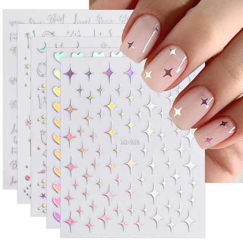 JMEOWIO 12 Sheets Aurora Nail Art Stickers Decals Self-Adhesive Glitter Holographic Star Heart Nail Design Accessories