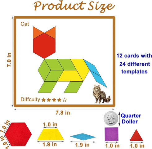 PHIELEY 80 Dementia Activities for Patients, Pieces Wooden Tangrams Cognitive Game for Seniors, Colorful Shape Pattern