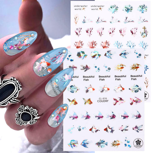 Sea Animals Nail Art Adhesive Sticker, 3D Self-Adhesive Decals, Holographic Shell Fish Jellyfish Decoration