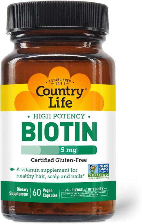 Country Life Biotin High Potency - 5 mg - 60 Vegan Capsules for Healthy Hair, Skin & Nails