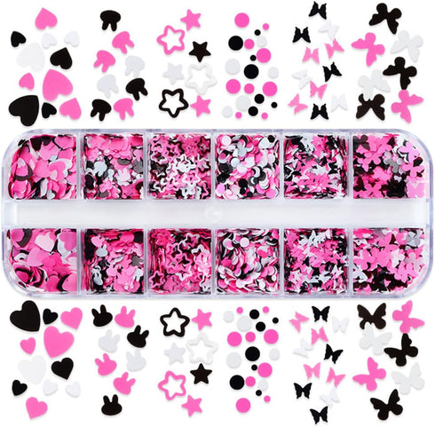 Holographic Nail Art Glitter Sequins, 3D Pink Black Flakes Designs, Love Heart Butterfly Star Floral Supplies for Women