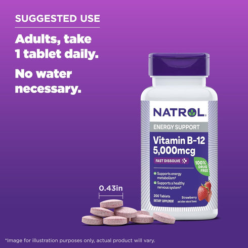 Natrol Vitamin B12 5,000 mcg Fast Dissolve Supplement for Healthy Nervous System and Energy Metabolism, 200 Tablets