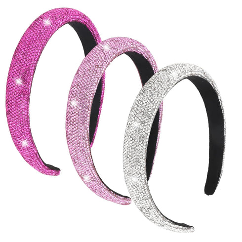 Wecoe 3pcs Rhinestone Headbands for Women Girls - Sparkly Bling Diamond Silver Pink Rose Red Fashion Hair Accessories