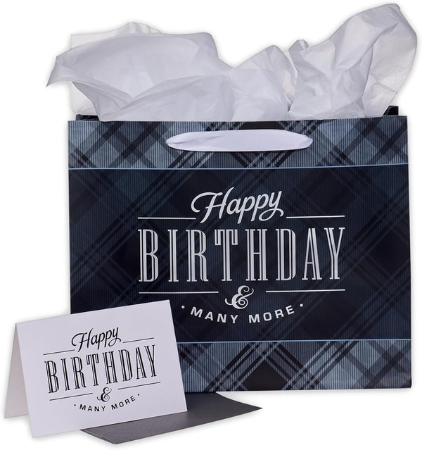 Christian Art Gifts Large Landscape Gift Bag Set with Card & Tissue Paper - Black & Navy Blue Plaid, Happy Birthday