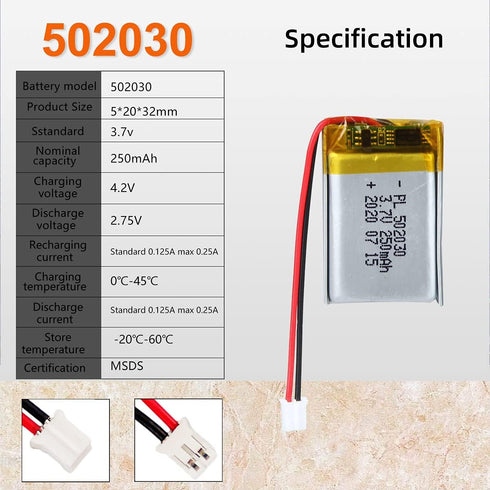 3.7V 250mAh 502030 Lipo Battery, Rechargeable Lithium Polymer Ion Battery with PH2.0mm JST Connector