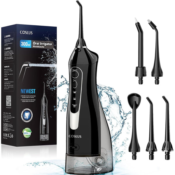 COSLUS Water Dental Flosser Teeth Pick: Portable Cordless Oral Irrigator, 300ML, IPX7 Waterproof Electric Waterflosser