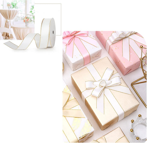 VIVIQUEN White Double Faced Satin Ribbon with Gold Edge, 1” Polyester Continuous Ribbon -25 Yards,Wide Ribbon for Gift Wrapping,Wedding,Bows Bouquet,Floral Arrangement and Craft by VIVIQUEN