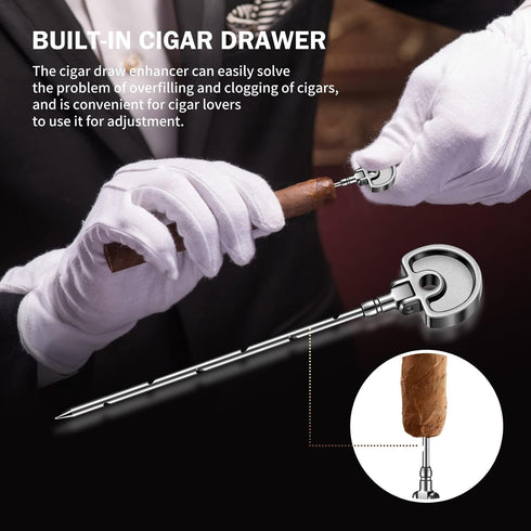 Cigar Lighter, Cigar Punch, Cigar Draw Enhancer, Cigar Holder, All-in-one Refillable Butane Torch Lighter (Gas Not