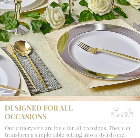 SILVER SPOONS Elegant Disposable Gold Silverware Set,Disposable Plastic Cutlery Set includes 20 Spoons,Gold Flatware Set Great for Parties, 20 Servings Of Upscale Cutlery Set for celebrations & events