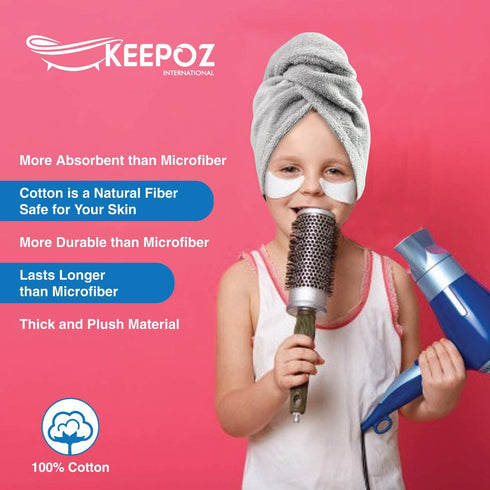 KEEPOZ Hair Towel Wrap, Quick Dry 100% Cotton Super Absorbent Turban Head Wrap for Women, Grey, 1 Pc