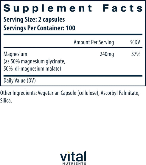 Vital Nutrients Magnesium Glycinate + Malate, 120mg Vegan Magnesium Supplement for Muscle, Heart, Bone Support, 200
