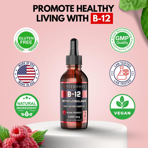 Vegan Liquid B-12 Drops - 60 x 5000 mcg Extra Strength Raspberry Flavored Vitamin B12 Liquid Supplement