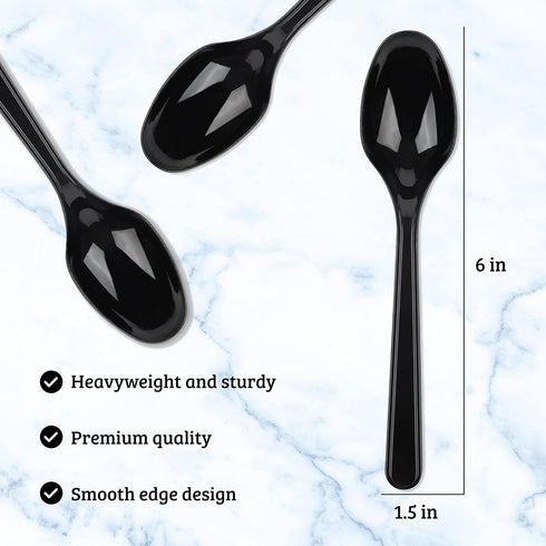 PlasticPro 300 Pack Heavy Weight Black Disposable Spoons, Bulk Plastic Cutlery Set