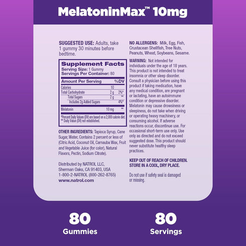 Natrol MelatoninMax Sleep Gummies for Adults, Blueberry Flavor, 10 mg, 80 Count, Up to 80 Day Supply