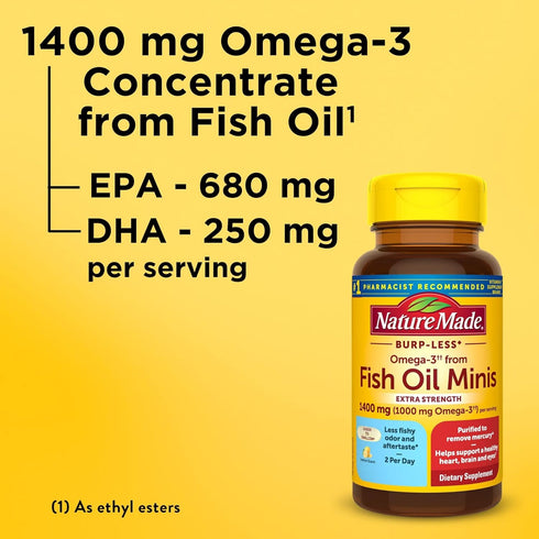 Nature Made Extra Strength Omega 3 Fish Oil 1400 mg Minis, 60 Softgels for Heart, Brain & Eye Support