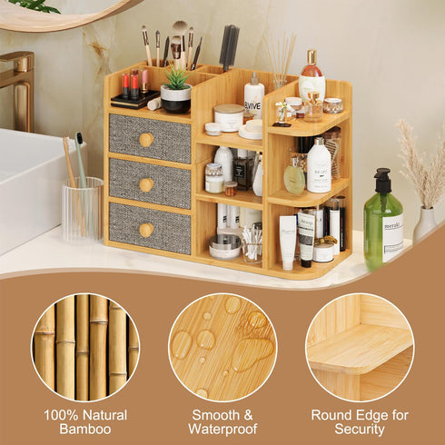 Makeup Organizer Countertop, Elegant Bamboo Cosmetic Skincare Organizers with 3 Makeup Brush Holders, 3 Drawers