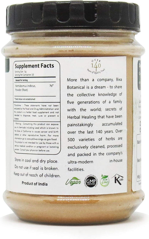 bixa BOTANICAL Sarsaparilla Root Powder (HEMIDESMUS INDICUS), 100g (3.5 Oz) Pack of 1, Natural Blood Purifier