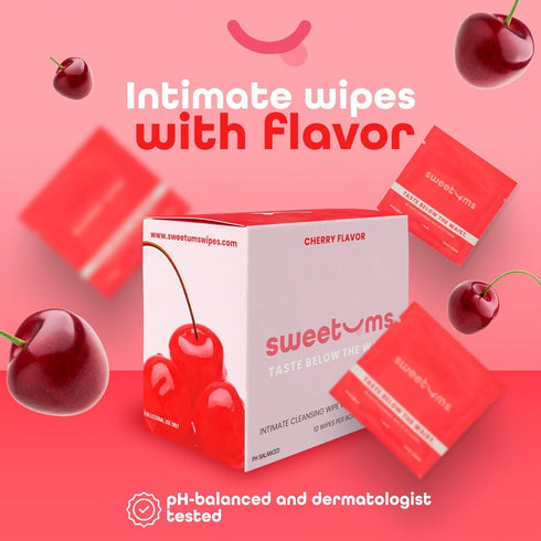 Pack 10 Sweetums Feminine Wipes For Women, Individually Wrapped - pH Balanced Flavored Intimate Wipes - of (Cherry)