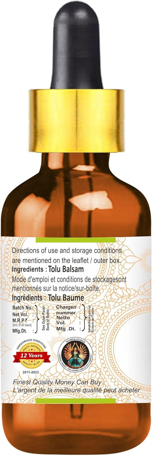 Pure Tolu Balsam Essential Oil (Myroxylon balsamum) with Glass Dropper, Steam Distilled 30ml (1.01 oz)