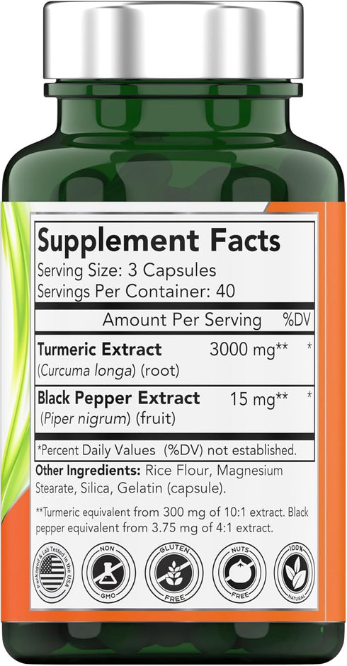 Turmeric Curcumin Capsules with Black Pepper | 3000 MG - 120 Capsules | Extra Strength Golden Turmeric Curcumin Supplement | Non-GMO | Produced in The USA