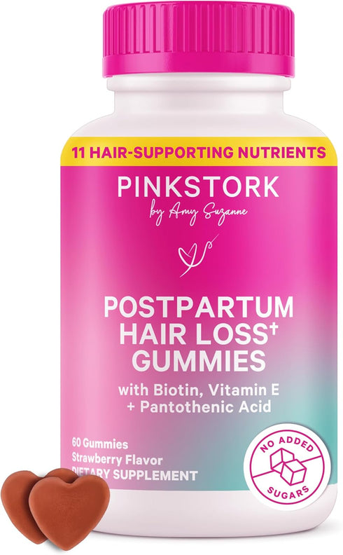 Pink Stork Postpartum Hair Loss Gummies, Biotin with Vitamin E, Postpartum Essentials for New Moms, 60 Gummy Vitamins