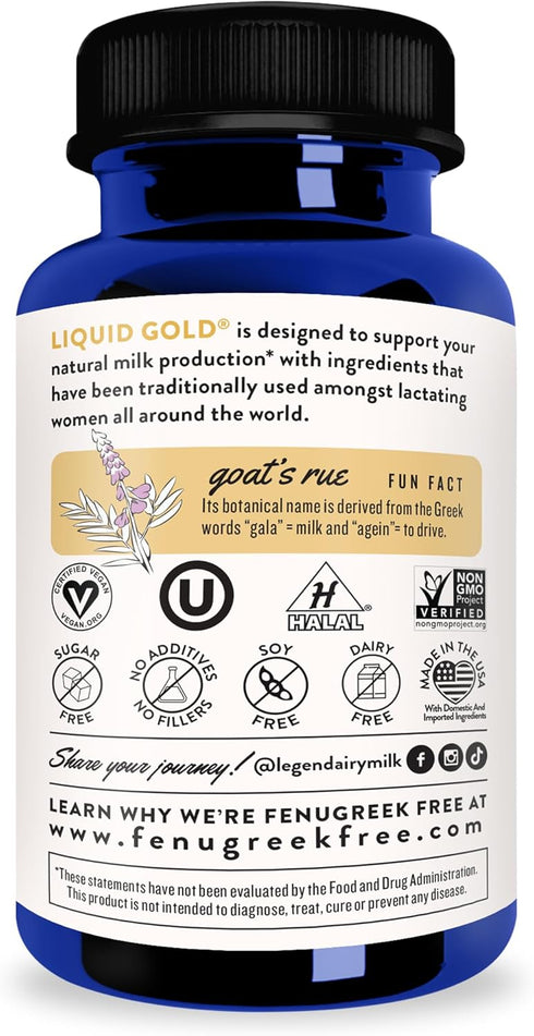 Legendairy Milk Liquid Gold Lactation Support, Supplement with Organic Goats Rue, Milk Thistle, 60 Count