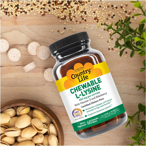 Country Life Chewable L-Lysine Supplement with Vitamin D and Elderberry, Immune Support for Adults