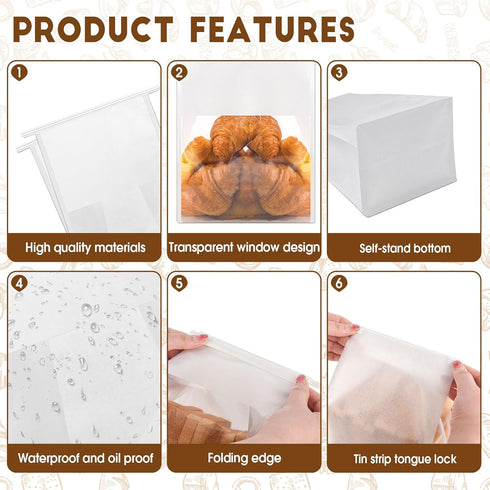 60pcs Bakery Bags with Thank You Stickers, 11x8.6x4 inches Sourdough Bread Bags with Clear Window for Packaging