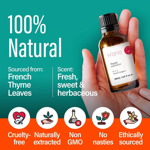 H’ana Thyme Essential Oil - 100% Pure Natural Thyme Oil for Hair, Skin, Diffuser - Fresh Herbaceous Scent (1 Fl Oz)