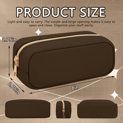 Nylon Small Makeup Bag, Slim Cosmetic Zipper Pouch, Waterproof Travel Coin Pouch for Women, Girls, Teens (Brown)