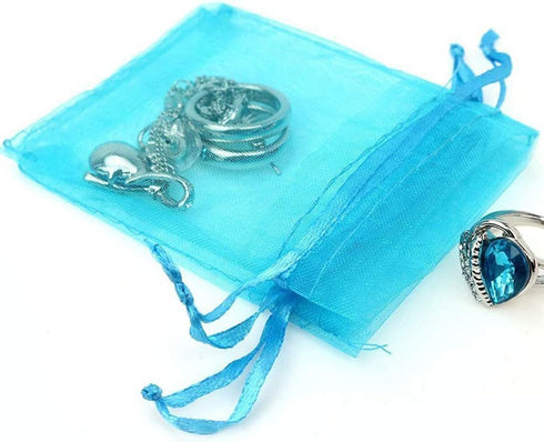 50 Pcs 4x6 Aqua Blue Gifts Wrap Bags, Organza Sheer Fabric Drawstring Mesh Bags for Baby Shower Favor