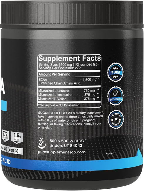 2:1 BCAA Powder, 14.4 oz, Unflavored, 272 Servings - PURE ORIGINAL INGREDIENTS, No Additives or Fillers