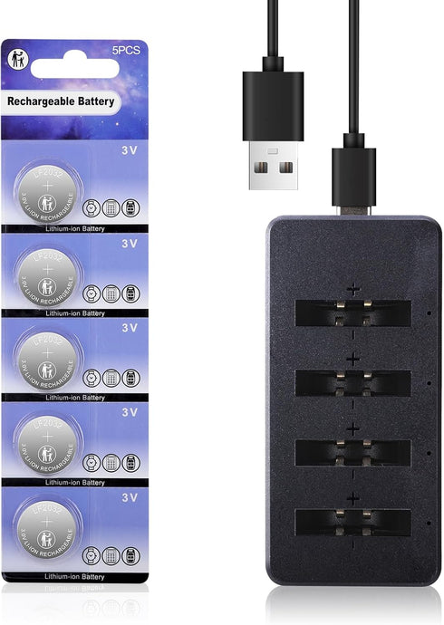 JOXIYECLTL LF2032 Rechargeable Batteries CR 2032 3V Lithium-ion Coin Battery with Charger(5 Pack)