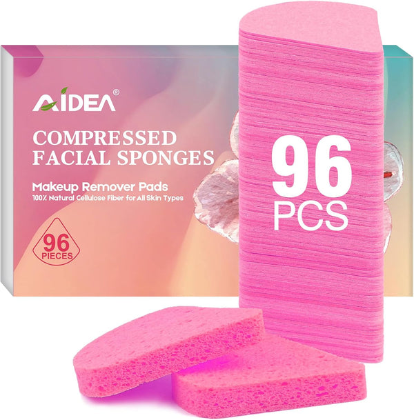 96 Count Compressed Facial Sponges Pink, AIDEA Disposable Face Sponges, Natural Cellulose Cosmetic Spa Sponges