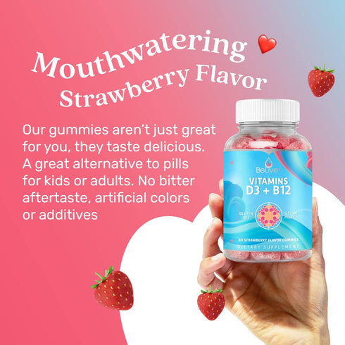 BeLive Vitamin D3 Gummies with B12 - 60 Ct Immune Support, Strawberry Flavor for Bone & Muscle Strength