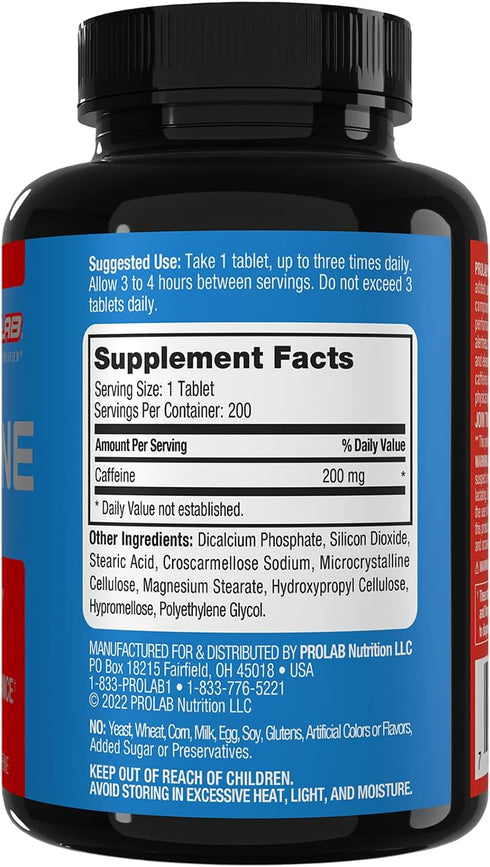 ProLab Caffeine Tablets 200mg - 200ct Energy Support for Endurance, Mental Focus, and Pre-Workout