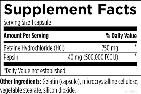 Designs for Health Betaine HCl with Pepsin - 750mg Digestive Enzyme Supplement, 120 Capsules