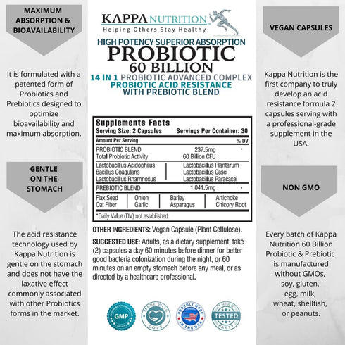 KAPPA NUTRITION (60 Capsules), Probiotic 60 Billion CFU - 14 in 1 Probiotic for Women, Men & Adults, Natural, Shelf Stable Probiotic Acid Resistance with Prebiotic Blend, Acidophilus Probiotic, from