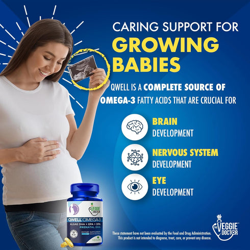 Vegan Prenatal DHA, EPA, & Omega3, Qwell Better Than Fish Oil Supplements, 60Ct for Brain Development