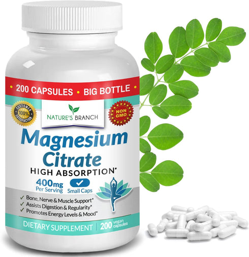Magnesium Citrate 400mg, 200 Capsules, High Potency for Sleep and Leg Cramps, Vegan Supplement