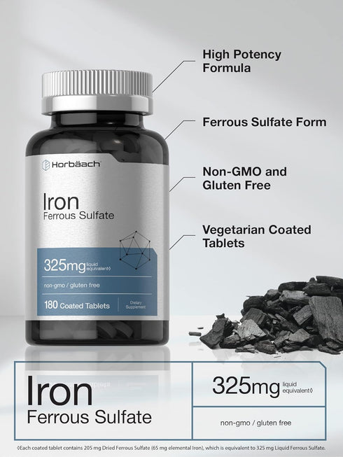 Horbaeach Iron Ferrous Sulfate 325mg | 180 Count | Vegetarian, Gluten Free & Non-GMO Dietary Supplement