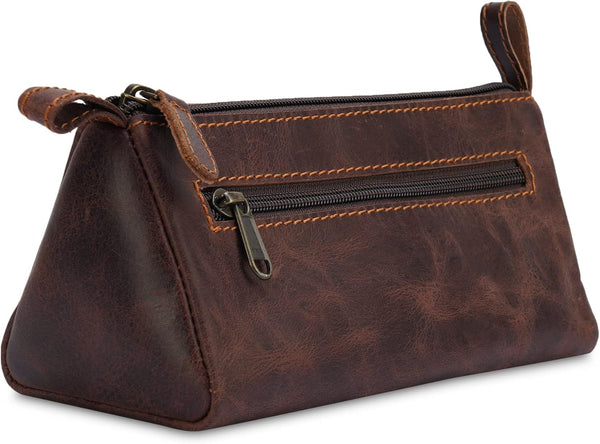Makeup Bag for Travel - Slim Stylish Design, Genuine Leather Stationary Bag Fits in All Purses & Bags