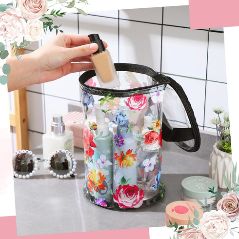 Sanwuta Flower Theme Clear Lotion Toiletry Bag, Waterproof PVC Makeup Case with Handle Zipper