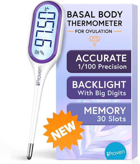 iProven Basal Body Thermometer with Backlight, High Precision BBT for Ovulation Tracking, 30 Memory Recall