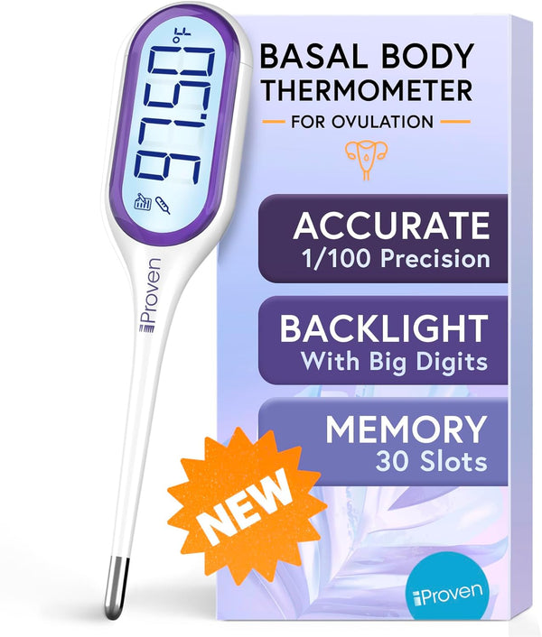 iProven Basal Body Thermometer with Backlight, High Precision BBT for Ovulation Tracking, 30 Memory Recall