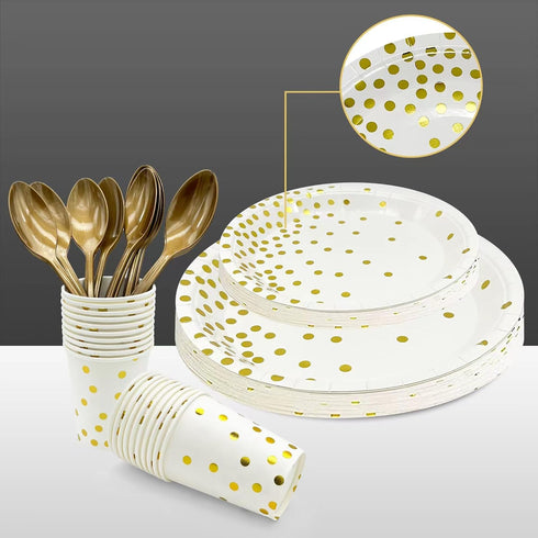 Paper Plates Napkins Set, Disposable 7/9 Inch White and Gold Party Supplies with Forks, Knives, Spoons